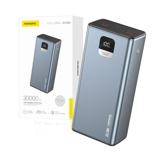 Power Bank Foneng GT300 com 3 Outputs 30000mAh 22.5W Cinza Metálica